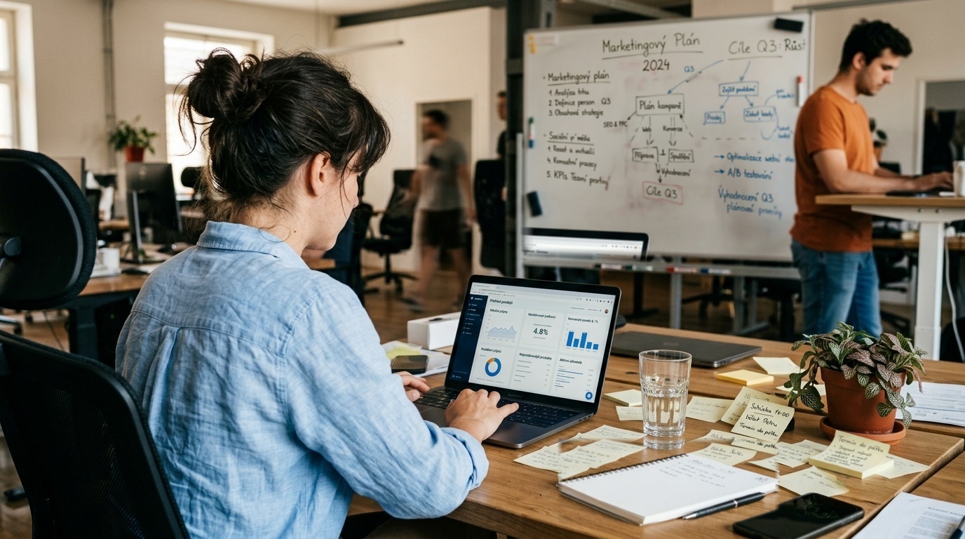 Marketingová manažerka analyzuje SEO data na notebooku v kanceláři