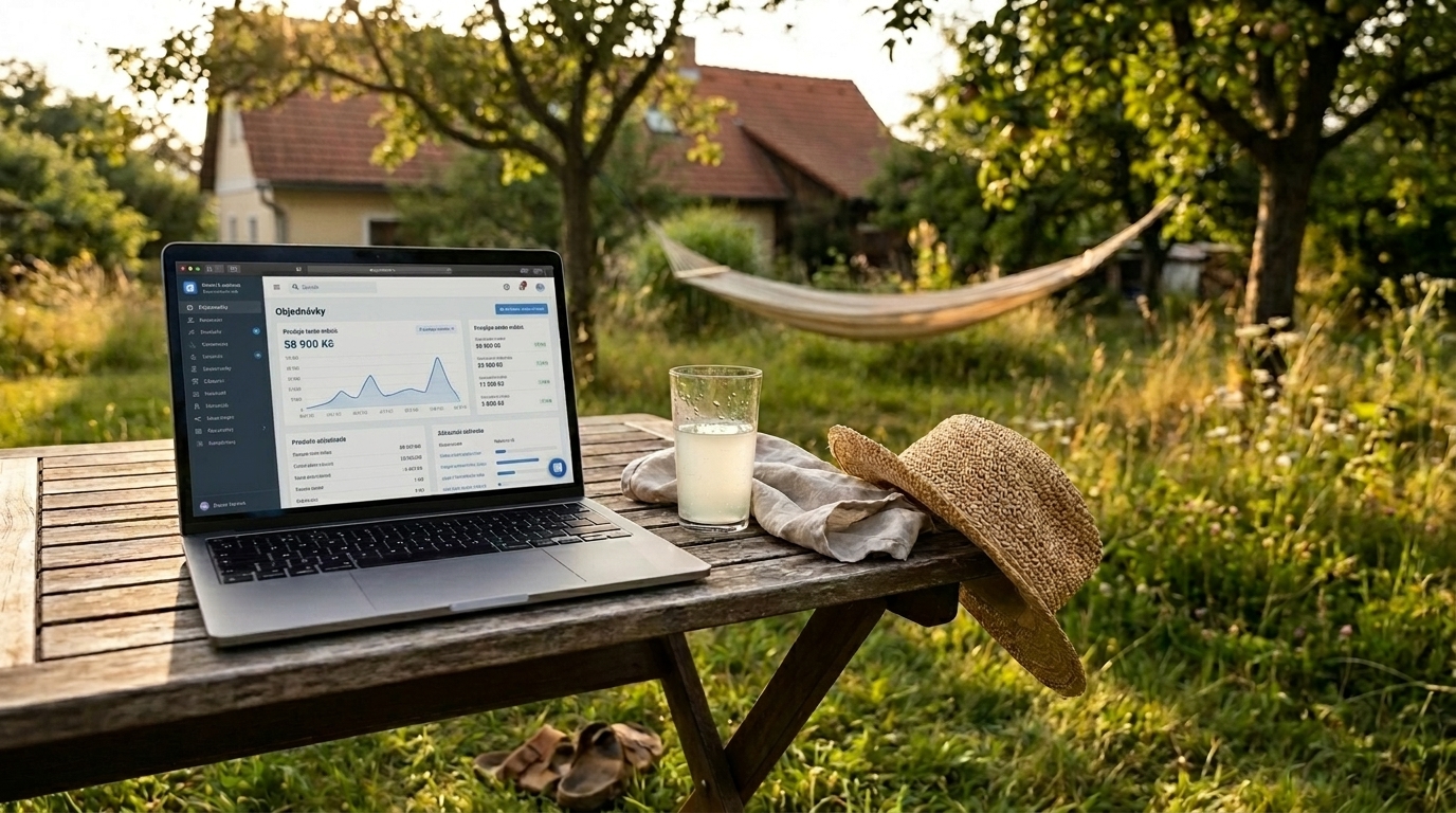 Otevřený notebook s dashboardem e-shopu na zahradním stole v létě — správa e-shopu o dovolené